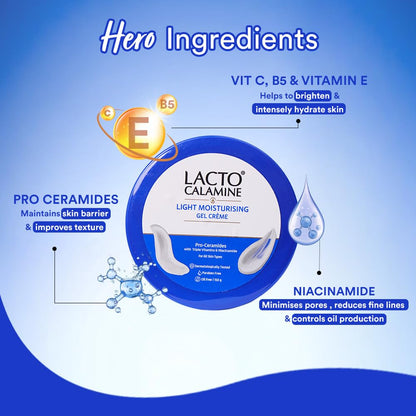 Lacto Calamine light moisturising gel crème with highlighted ingredients on a blue background
