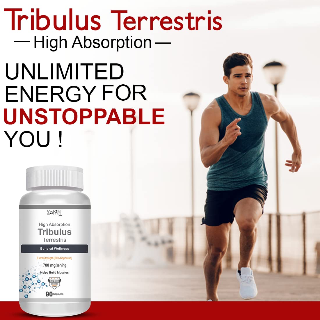 Tribulus Terrestris supplement bottle with a person running outdoors on a red background