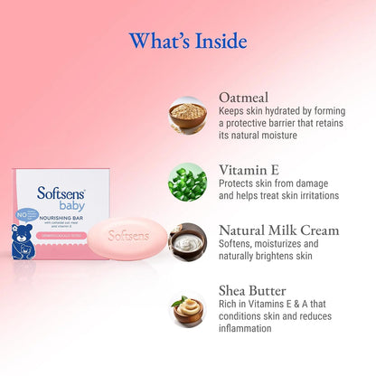 Softsens Baby Nourishing Bar Soap 100g each x 3 (300g) | Deep Nourishing & Gentle Cleansing | With Colloidal Oatmeal & Vitamin E | Dermatologically Tested, Hypoallergenic & Free from Parabens, SLS & SLES