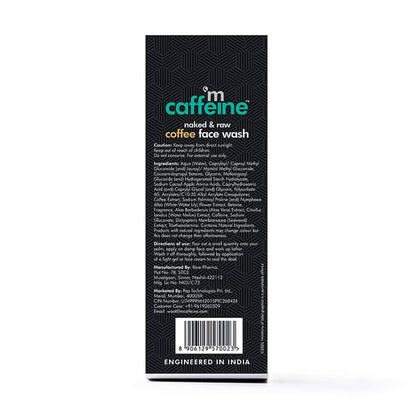 Black box of mCaffeine naked & raw coffee face wash with text and barcode on a white background