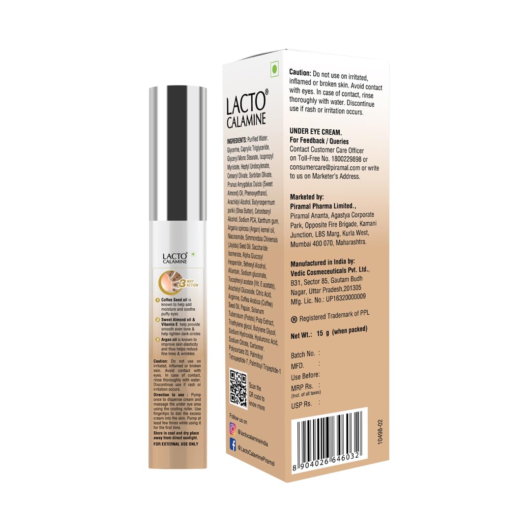 Lacto Calamine Under Eye Cream For Dark Circles for Women & Men | Fine Lines & Puffy Eyes With Cooling Massage Roller | 15g | With Coffee Oil, Multi-Peptides, Niacinamide, & Vitamin E