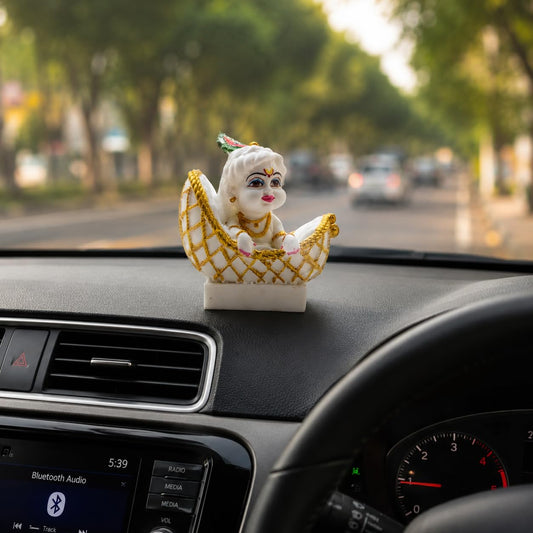 THE SACRED GIFTS Baby Krishna Idol, White and Gold, Resin Figurine, Car Dashboard Decor, Hindu Religious Statue