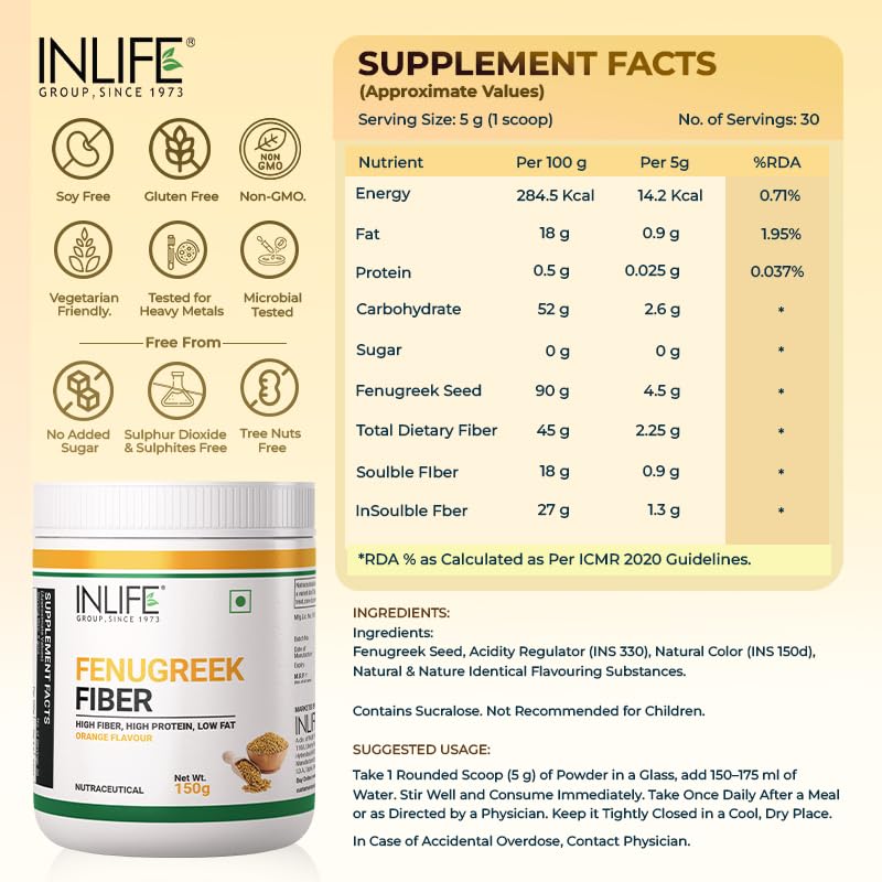 INLIFE Fenugreek Fibre Supplement | Gut Cleanse Detox & Digestive Health Powder | High Fiber & Protein | Weight Management, Manages Sugar, Bloating, Constipation & Acidity, 150g (Orange)