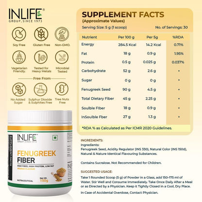 INLIFE Fenugreek Fibre Supplement | Gut Cleanse Detox & Digestive Health Powder | High Fiber & Protein | Weight Management, Manages Sugar, Bloating, Constipation & Acidity, 150g (Orange)