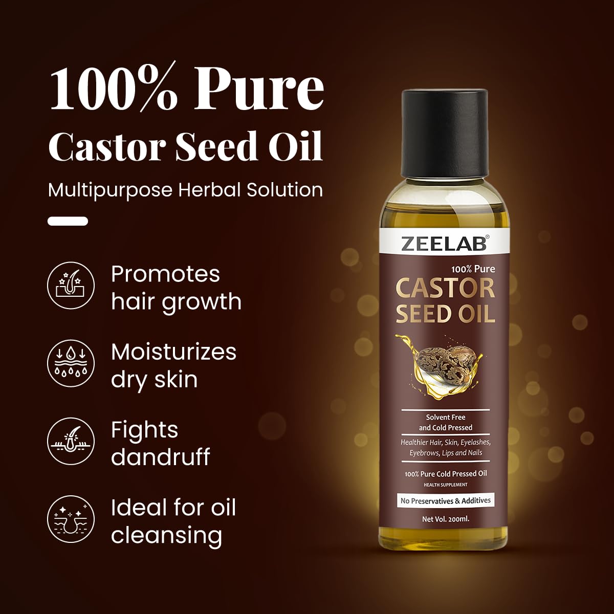 Zeelab Castor Seed Oil bottle with benefits on a brown background