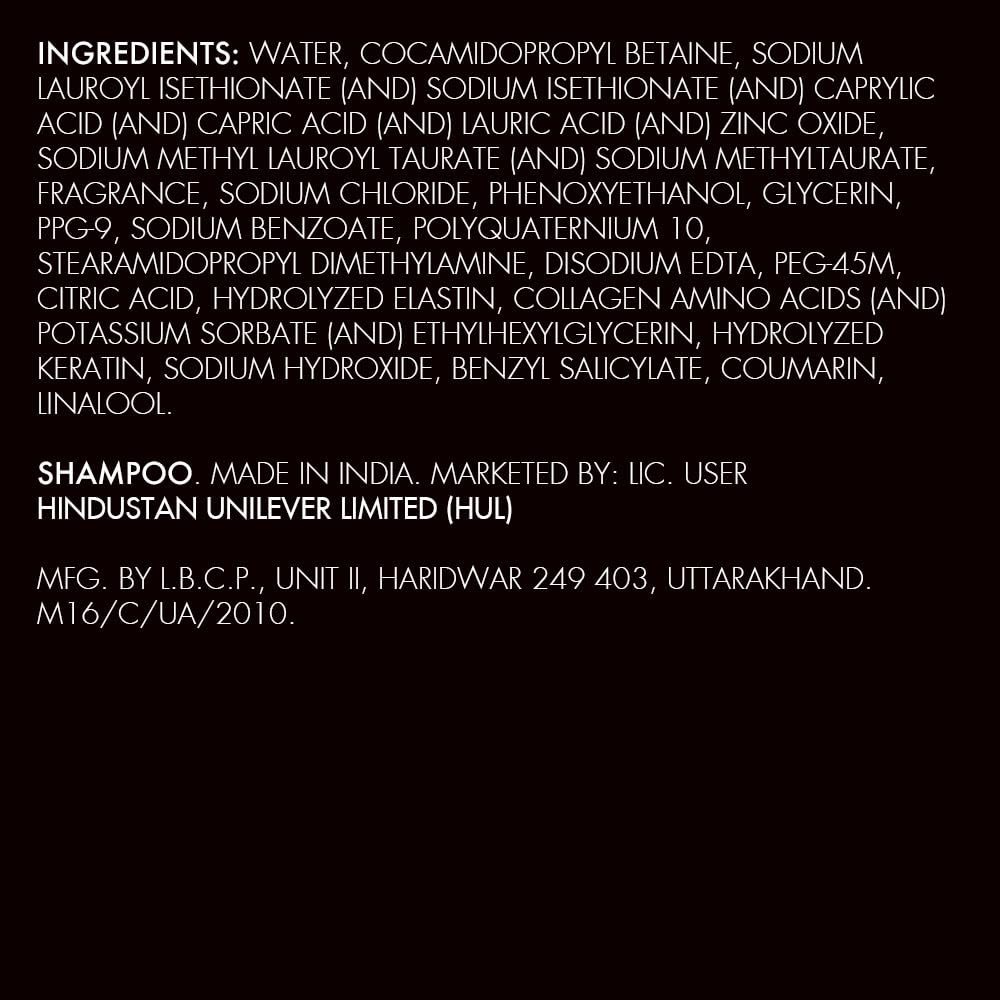 List of ingredients for a shampoo product on a black background