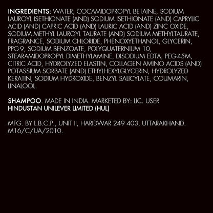 List of ingredients for a shampoo product on a black background