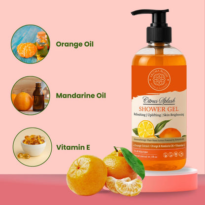 Shower gel bottle with ingredients like orange oil, mandarin oil, and vitamin E on a pink background