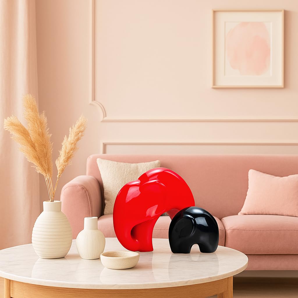 Home Décor Lucky Charm Elephant Mother & Child | Piano Finish Ceramic Figures - (Set of 2 Piece, Red and Black)