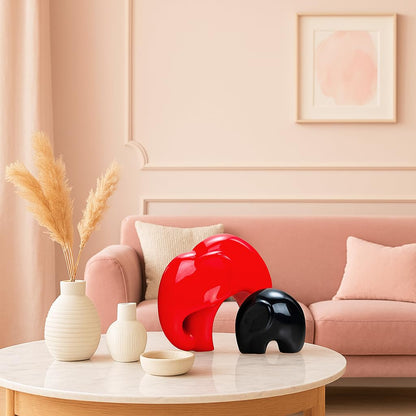 Home Décor Lucky Charm Elephant Mother & Child | Piano Finish Ceramic Figures - (Set of 2 Piece, Red and Black)