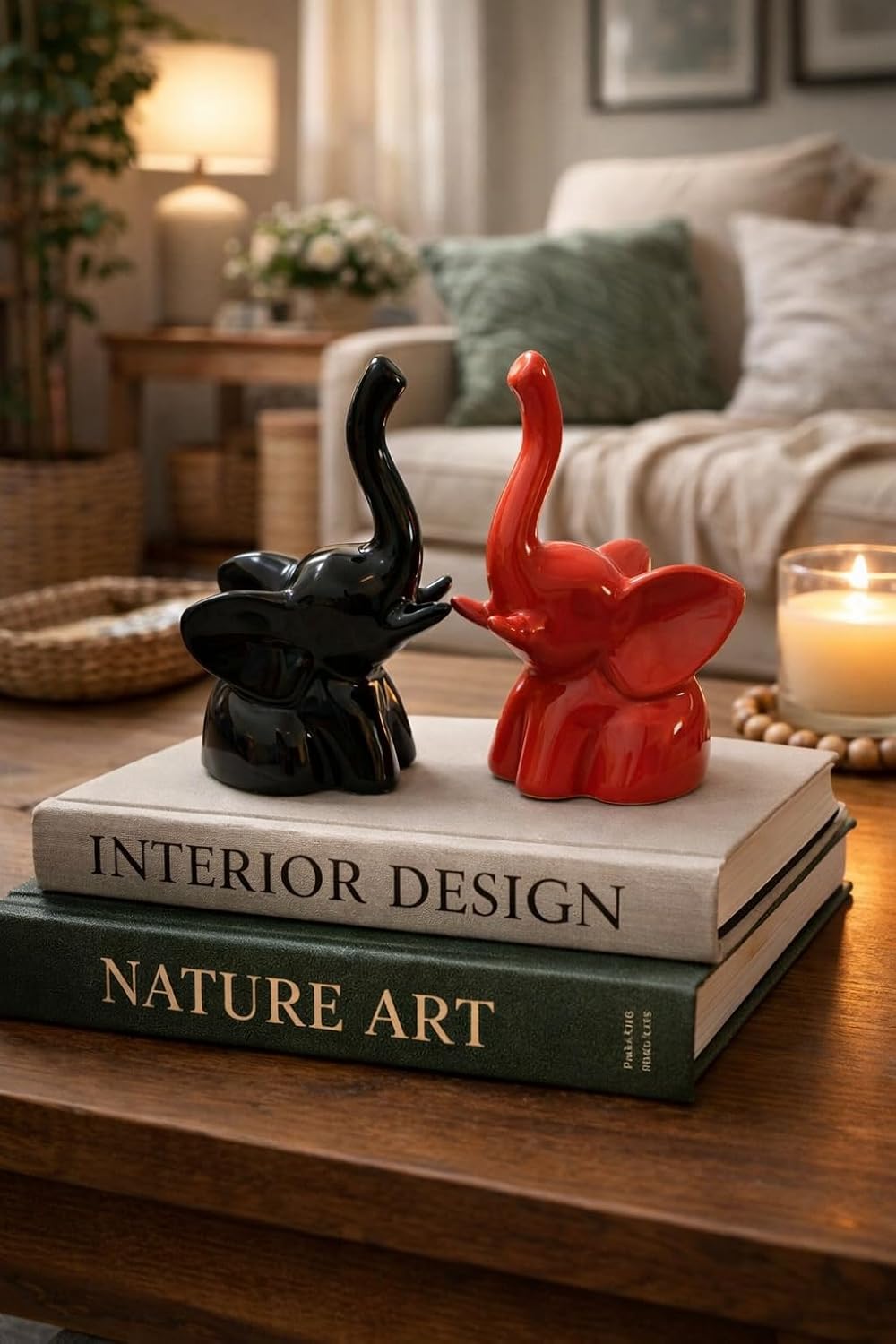 Ceramic Elephant Figurines, Set of 2, Black and Red, Glossy Finish, Trunk Up, Home Decor Sculptures