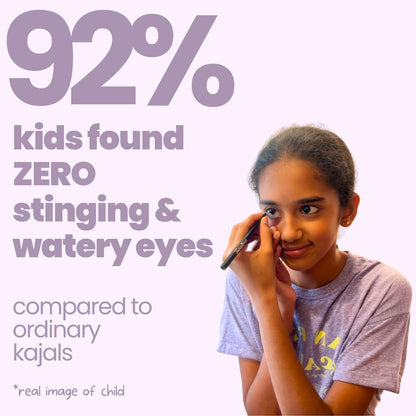 Young girl applying eyeliner with text about eye care product effectiveness