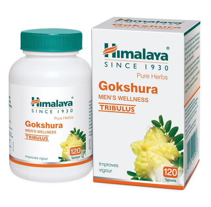 Himalaya Gokshura Men's Wellness Tribulus supplement bottle and packaging on a white background