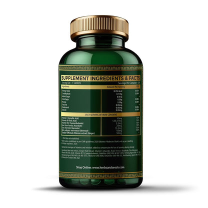 Supplement bottle with gold cap on a white background