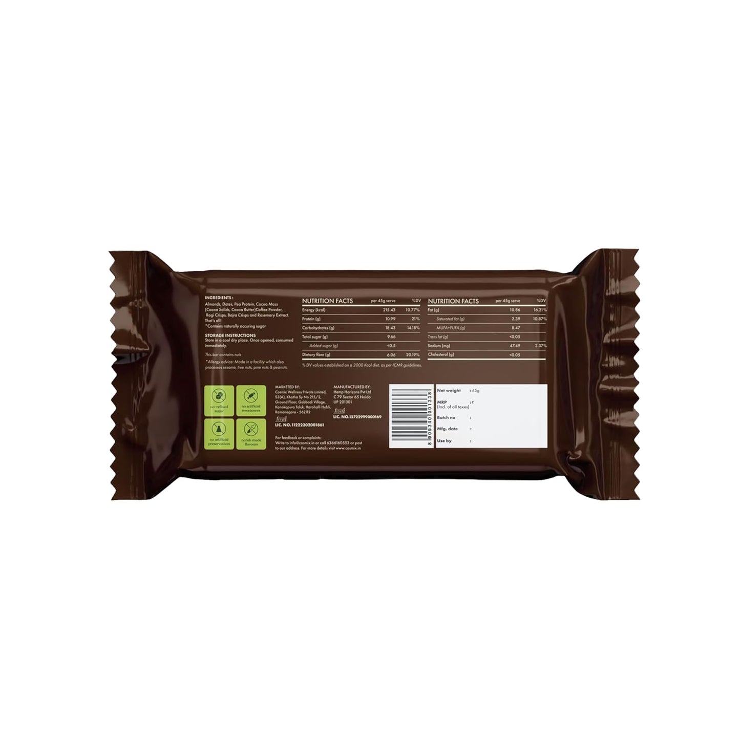 Cosmix No-Nonsense Protein Bar | Mocha Almond | 11g Complete Plant Protein + 6g Fibre | No Added Sugar or Preservatives | Gluten & Lactose-Free, Gut-Friendly | 45g Bar