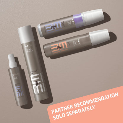 Wella EIMI hair product bottles on a beige background with text about partner recommendations.
