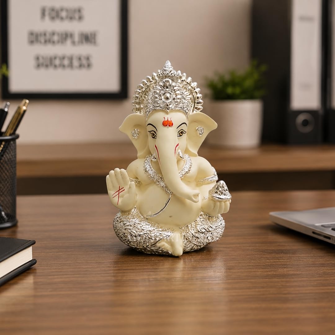 Gold Art Indiagold And Silver Plated Ganesha Idol Silver Chandan Ganesh Idol For Car Dashboard Ganesha Murti Ganpati Idol For Home Decor Puja Lord Ganesh Statue Gift For Office Desk Puja Room Figurine