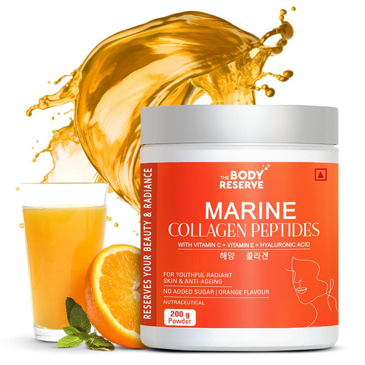 Body Reserve Marine Collagen Peptides container with orange juice and an orange on a white background