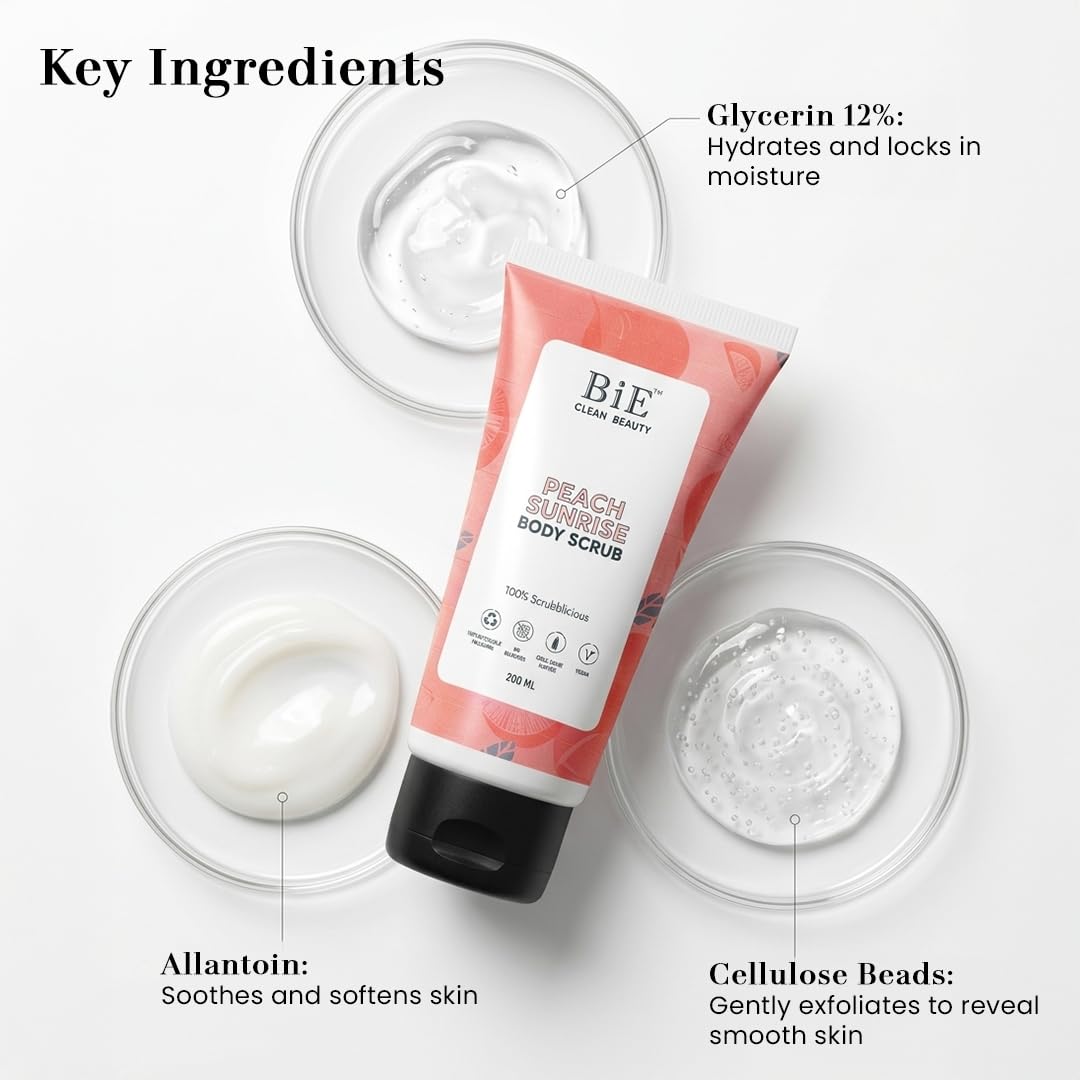 BiE Peach Sunrise Body Scrub | Gentle Exfoliator | Infused with Squalane | Glycerin | Peach Extracts | 200ml