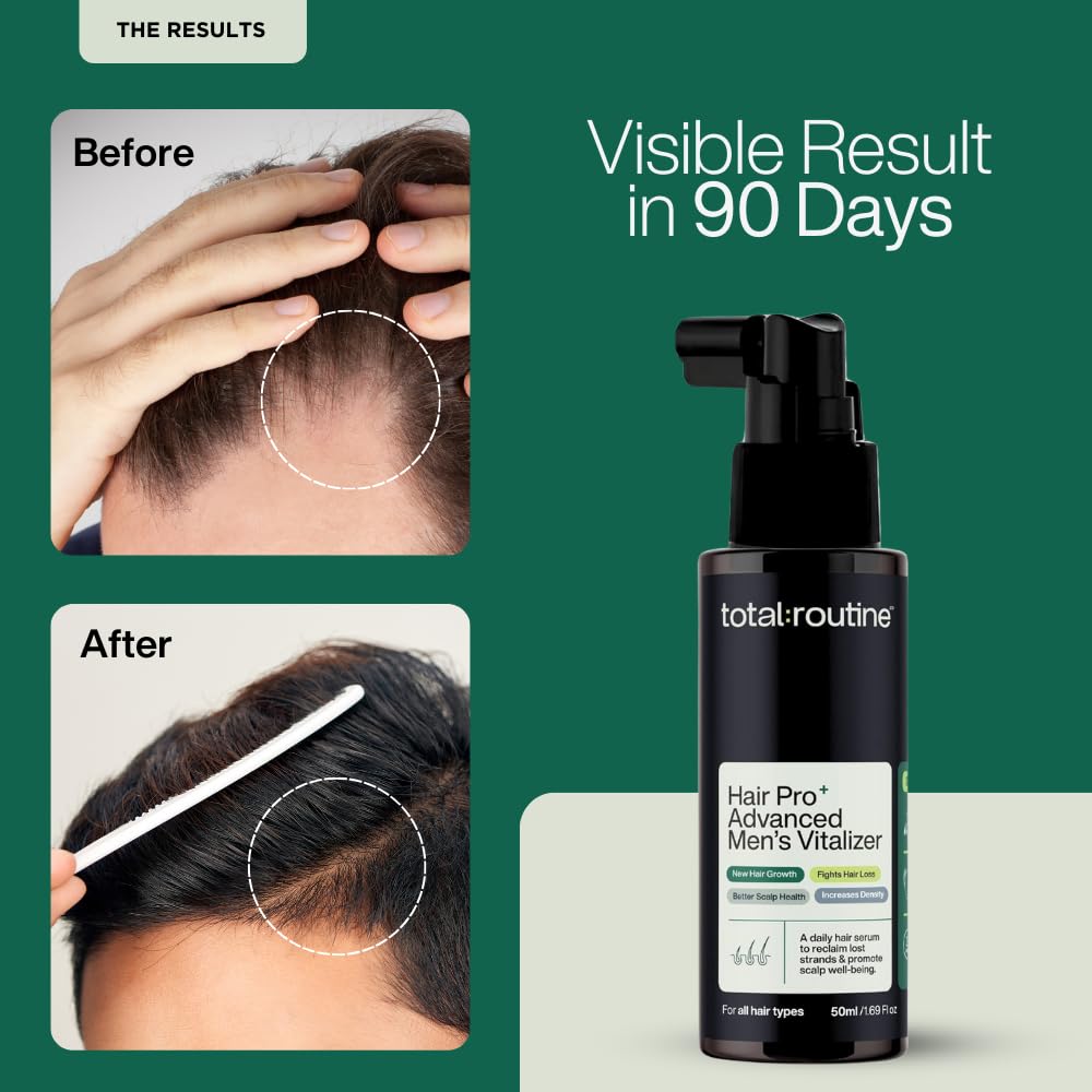Hair care product with 'total routine' branding, showing before and after results on hair.