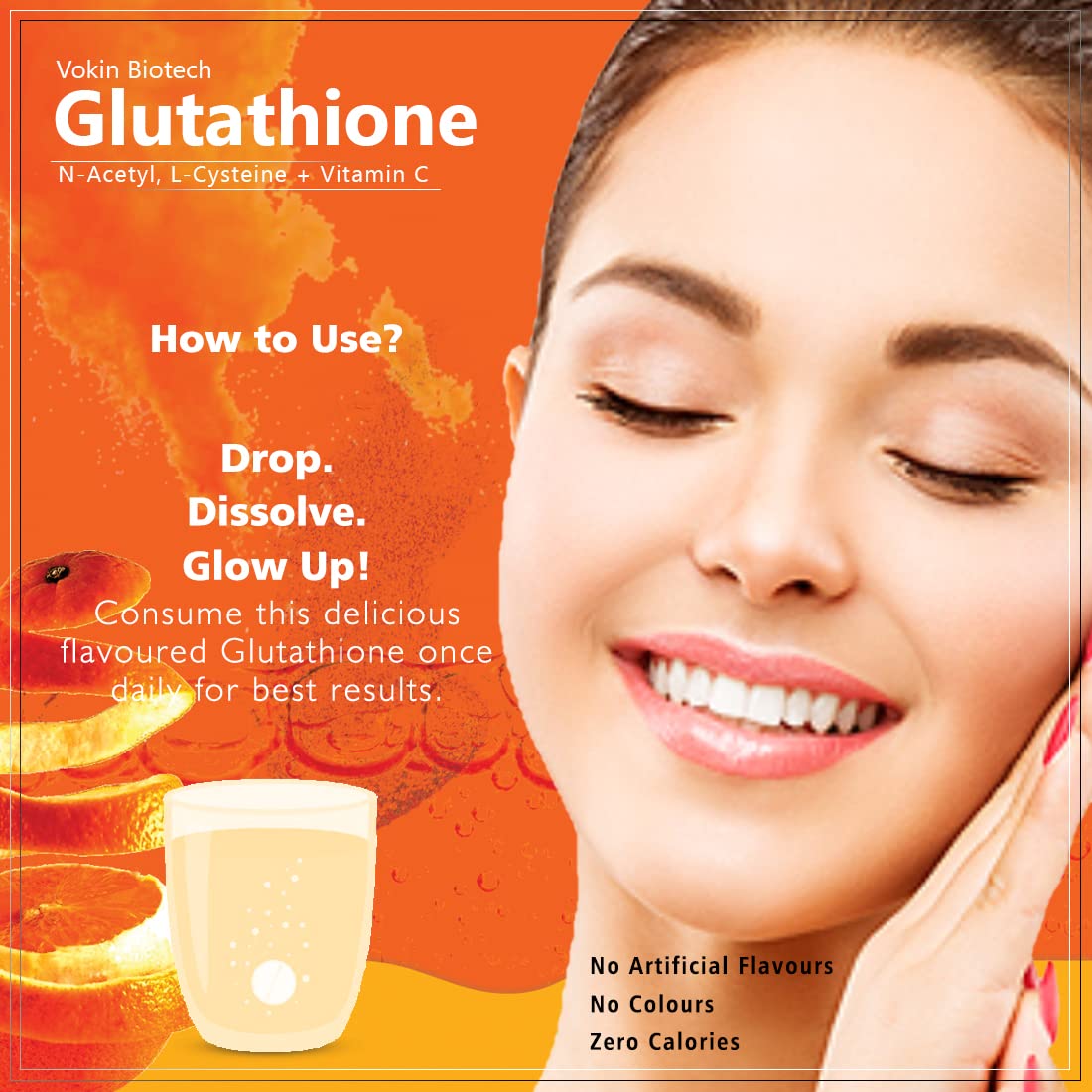 Advertisement for Vokin Biotech Glutathione with a woman's face and product imagery on an orange background.