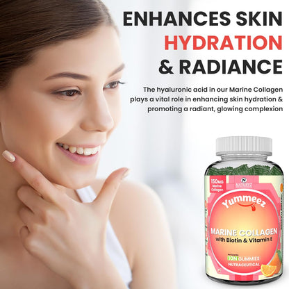 Woman touching her skin with a bottle of Yummez Marine Collagen supplement in the foreground.