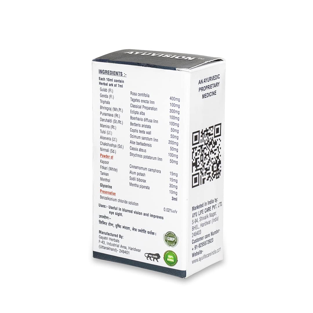 Ayuvision Herbal Ayurvedic Eye Drops for Dryness, Redness, Irritation & Itching Relief | Daily Use Eye Care with Rose, Aloe Vera & Triphala | 10ml