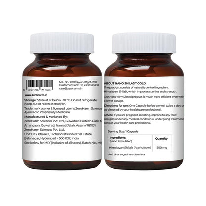 ZEROHARM Nano Shilajit Gold Capsules | Pure Himalayan Shilajit 500mg | Fulvic & Humic Acid | Supports Natural Energy, Stamina & Muscle Growth | Boosts Testosterone Levels for Men | 30 Capsules