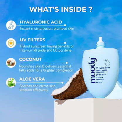 Moody sunscreen bottle with ingredients listed on a blue background