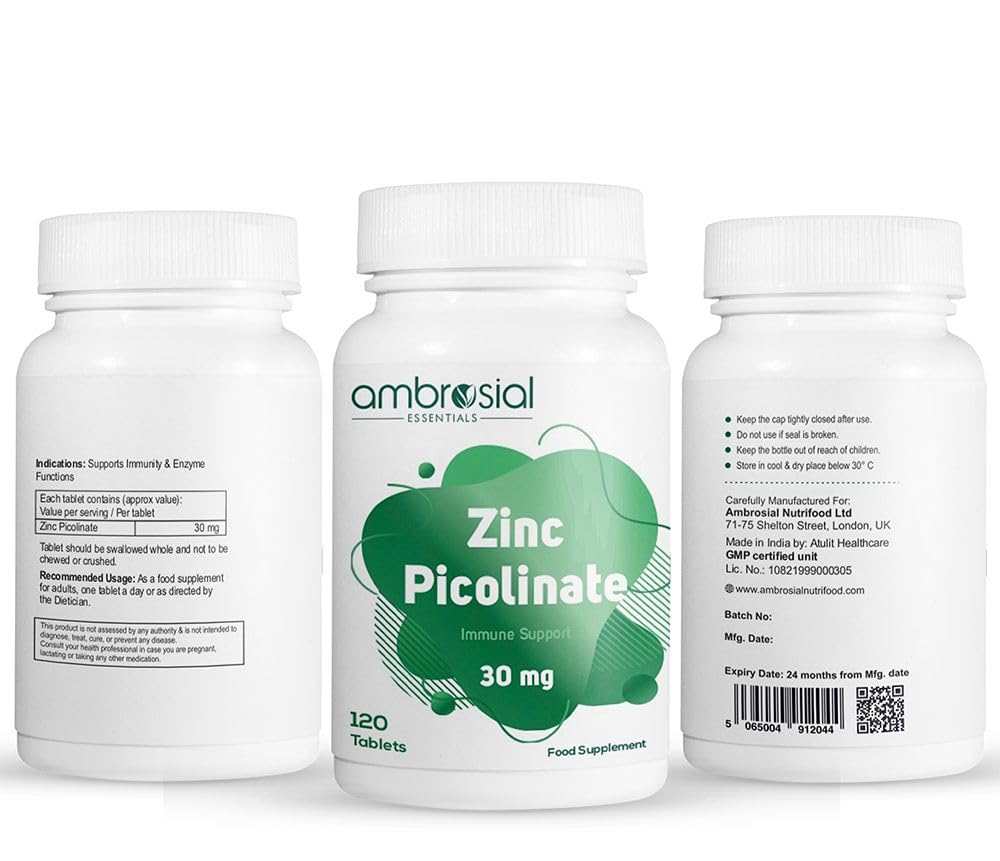 Three bottles of ambrosial Zinc Picolinate supplement on a white background