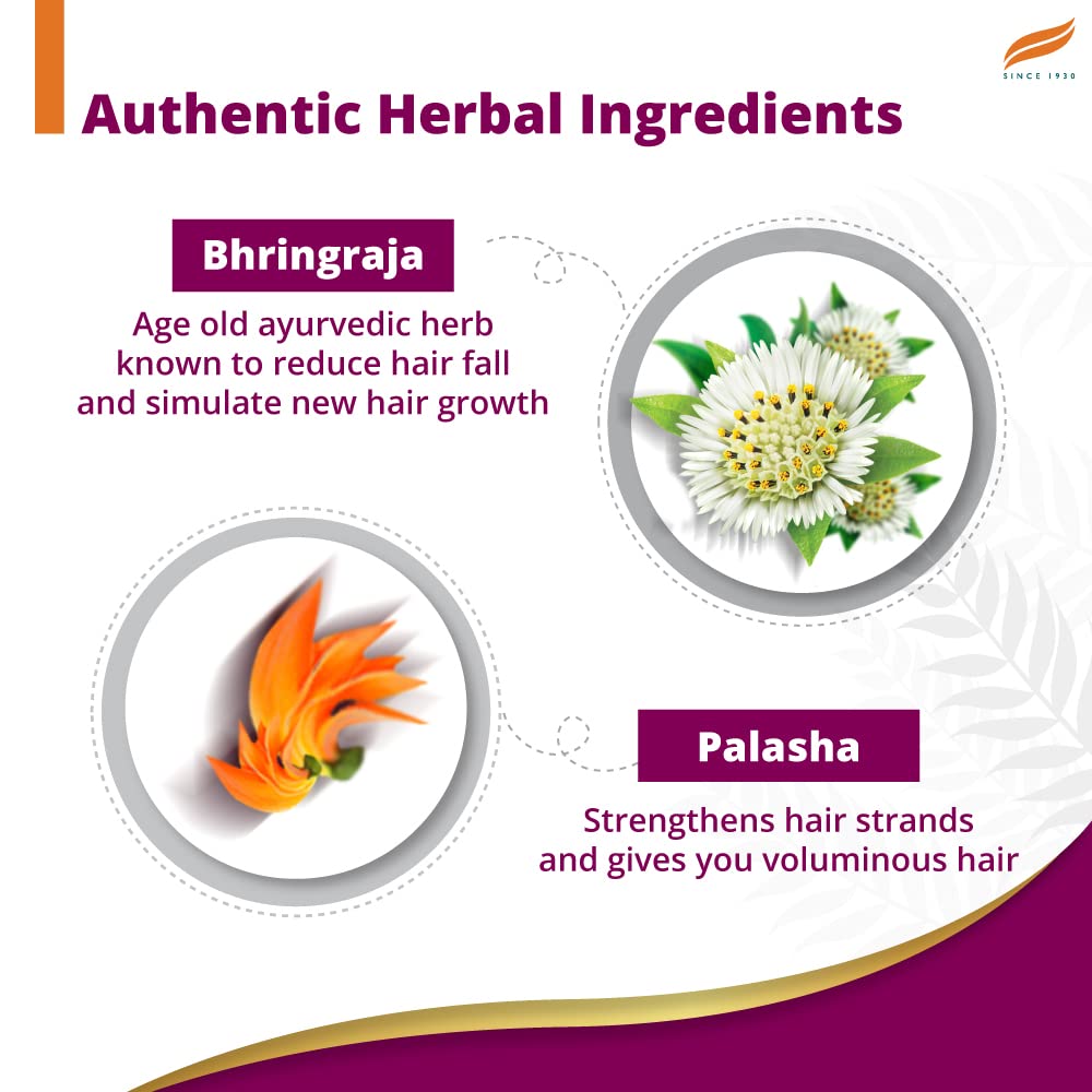 Advertisement for authentic herbal ingredients Bhringraja and Palasha with images and descriptions on a purple background.