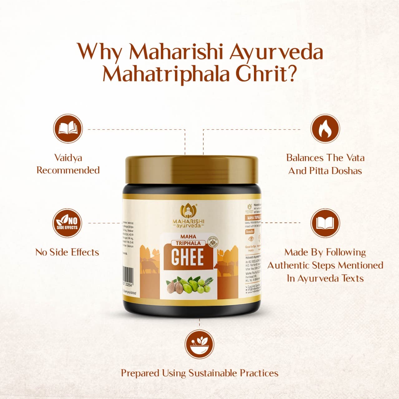 Zephivo Maharishi Ayurveda Triphala Ghrit | Good for eye health | Improves gut health | Brain-boosting Ghee | Builds immunity | Made with potent herbs | No side effects 100 gms
