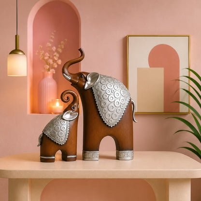Thai Style Elephant Figurines Mother & Child Elephant Fengshui Resin Sculptures for Home Decor Ornament - (Set of 2, Brown)