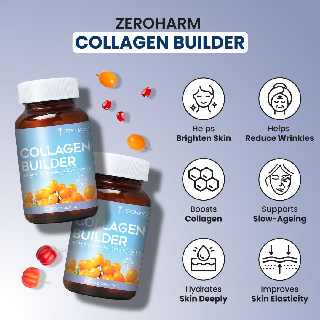 ZEROHARM Collagen Builder with Seabuckthorn, Vitamin C, Panax Ginseng & Biotin | Veg Collagen for Skin, Hair, & Joints | Plant-based Supplement for Youthful Skin | 60 Capsules
