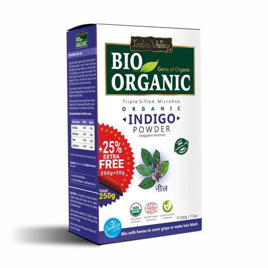 Box of Bio Organic Indigo Powder on a white background