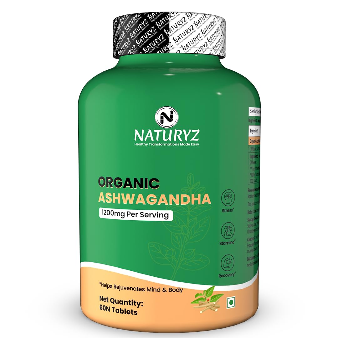 NATURYZ Organic Ashwagandha 1200mg Tablets | Stress Relief, Energy, Immunity & Muscle Recovery Support | For Men & Women | Vegan, Non-GMO, Gluten-Free | USDA Organic | 60 Veg Tablets