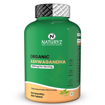 NATURYZ Organic Ashwagandha 1200mg Tablets | Stress Relief, Energy, Immunity & Muscle Recovery Support | For Men & Women | Vegan, Non-GMO, Gluten-Free | USDA Organic | 60 Veg Tablets