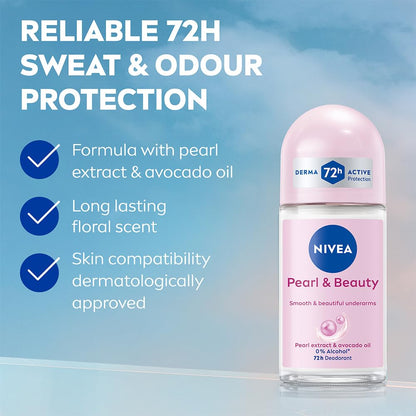 NIVEA Pearl and Beauty 50ml Deo Underarm Roll On | With Pearl Extracts & Avocado Oil | 72 H Long Lasting Floral Scent | 0% Alcohol and Dermat Approved | For Women