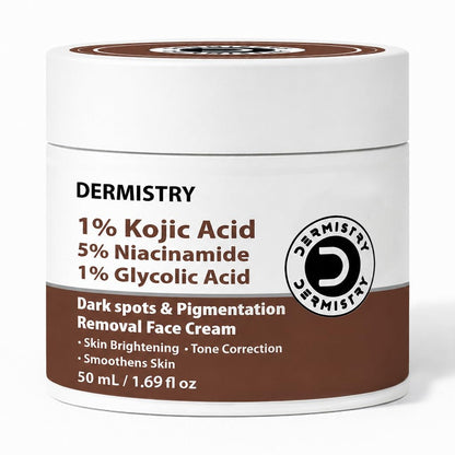 Dermistry 1% Kojic Acid 5% Niacinamide Moisturizer Face Cream for Pigmentation Dark Spots D De Tan Uneven Dull Skin Tone Detan Dtan Removal Glowing Skin Face Glow Men Women Dry Oily All Skin Type 50ml