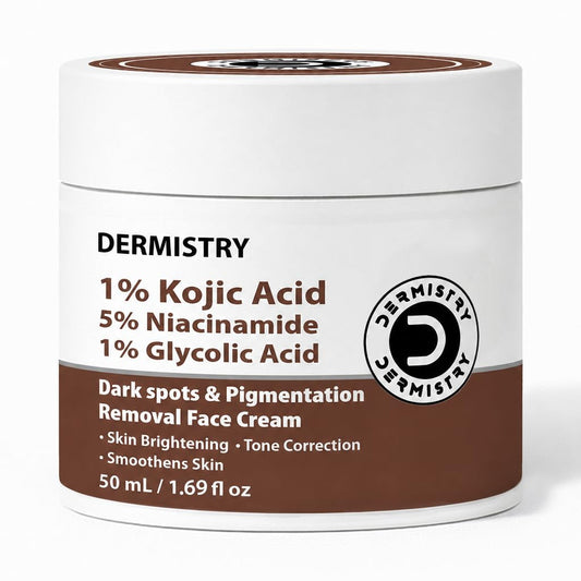 Dermistry 1% Kojic Acid 5% Niacinamide Moisturizer Face Cream for Pigmentation Dark Spots D De Tan Uneven Dull Skin Tone Detan Dtan Removal Glowing Skin Face Glow Men Women Dry Oily All Skin Type 50ml
