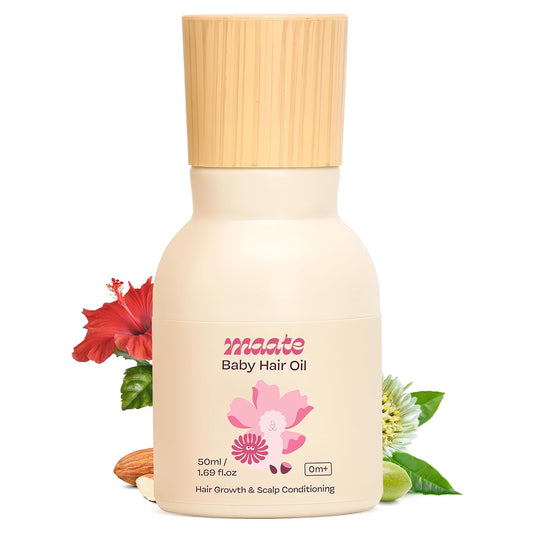Maate Baby Hair Oil (50 ml) | Enriched With Hibiscus, Bhringraj & Vitamin Rich Almond | For Healthy Hair, Scalp Conditioning, Moisturizes & Soothes | 0-12 Years
