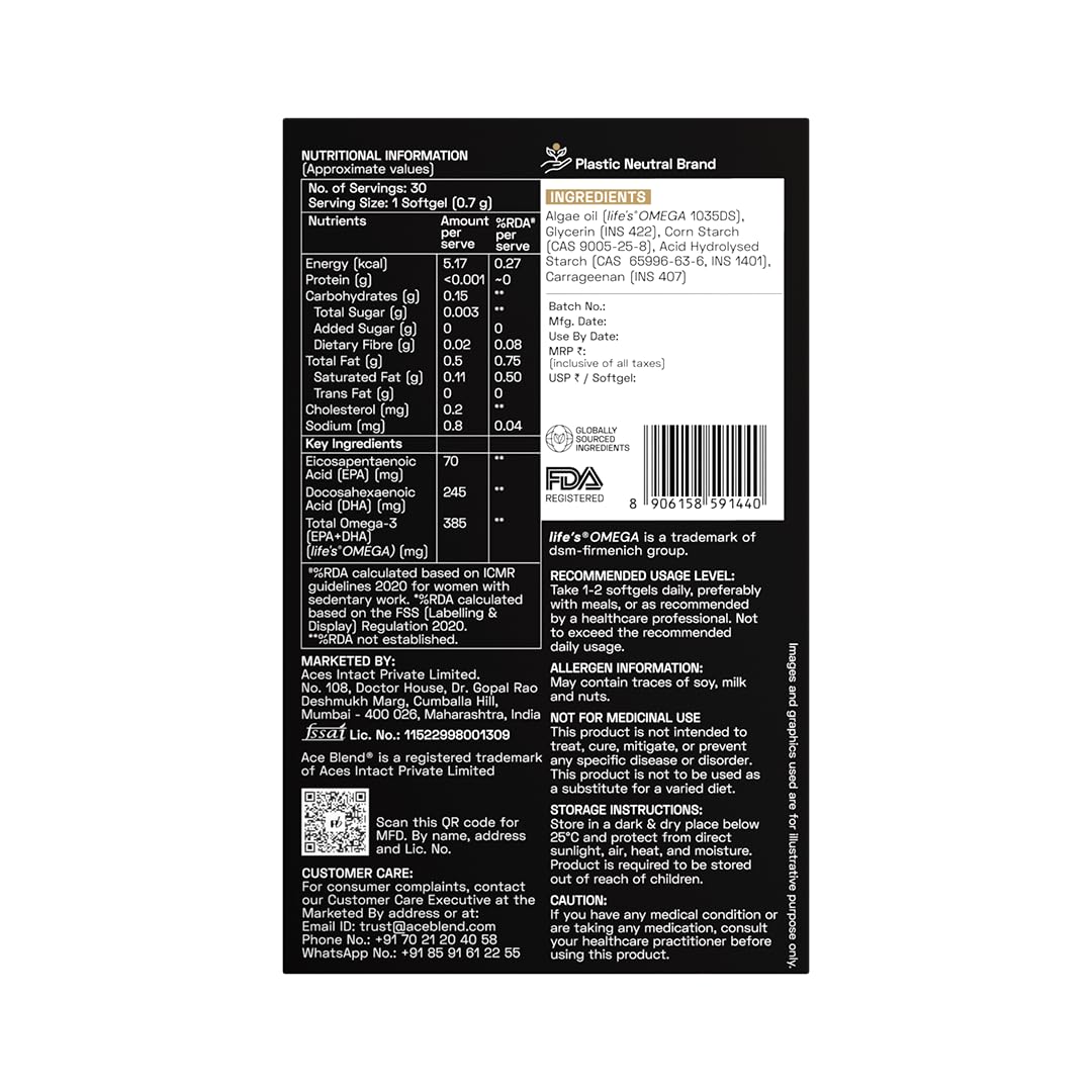 Ace Blend Outshine Omega 3 Vegan with 385mg EPA + DHA per Softgel | Full Spectrum Algal Oil | 700mg Algal Oil | Plant-Based Omega 3 Supplement | For Men & Women | 30 Softgels