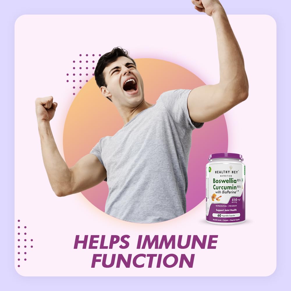 Person with arms raised next to a supplement bottle on a colorful background