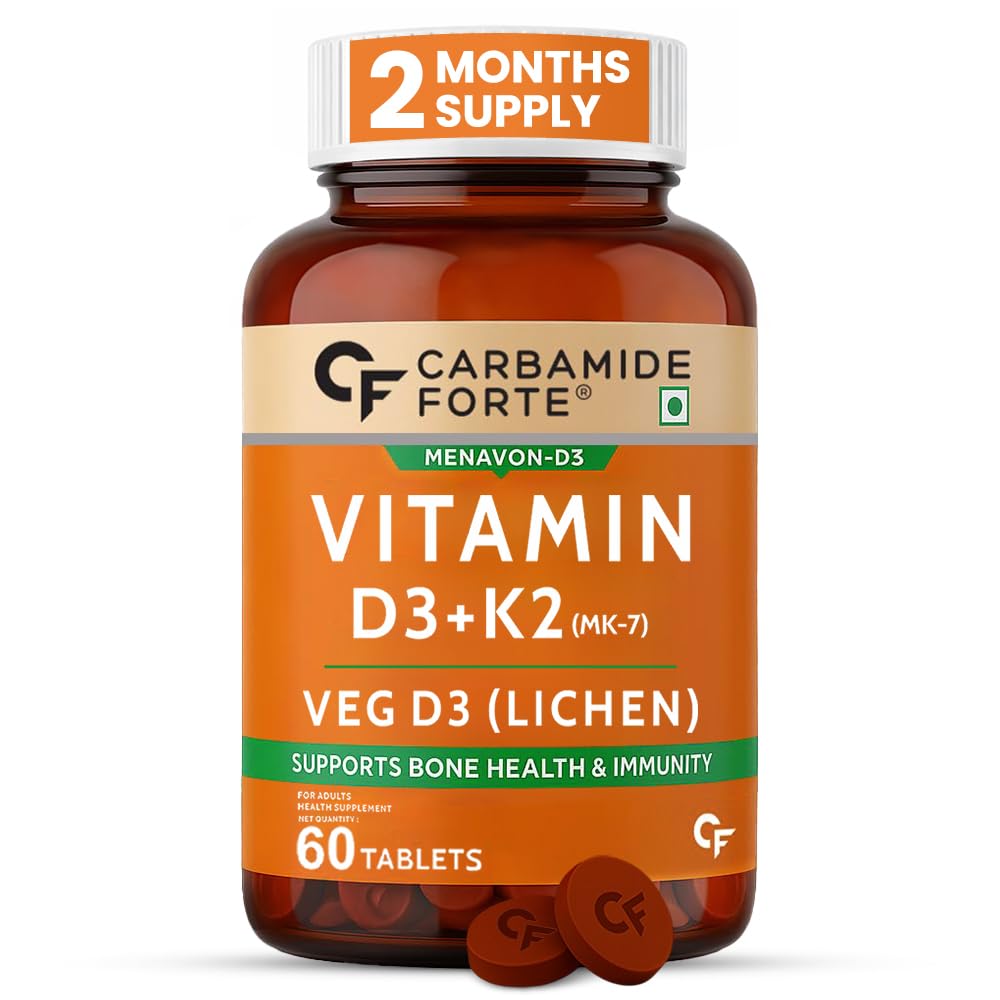 Bottle of Carbamide Forte Vitamin D3+K2 supplement with orange label on a white background