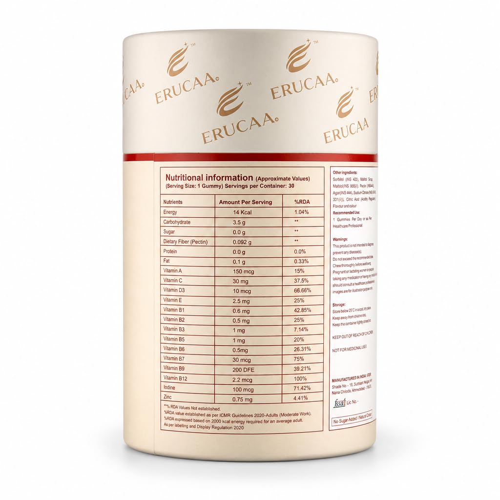 ERUCAA Multivitamin Gummies | Mango Flavour | 30 Gummies | Gluten Free | Daily Multivitamin Gummies for Adults
