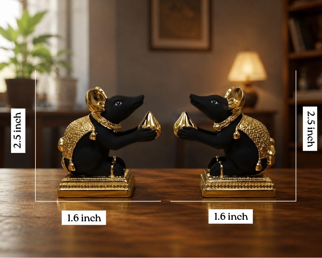 Gold Art India Gold-Plated Mushak (Mooshak) Mouse Pair with Modak | Black Terracotta Finish | Mouse Idol | Vehicle (Vahana) of Lord Ganesha | 2.5 Inch Height | Mandir (Set of 2 pcs)
