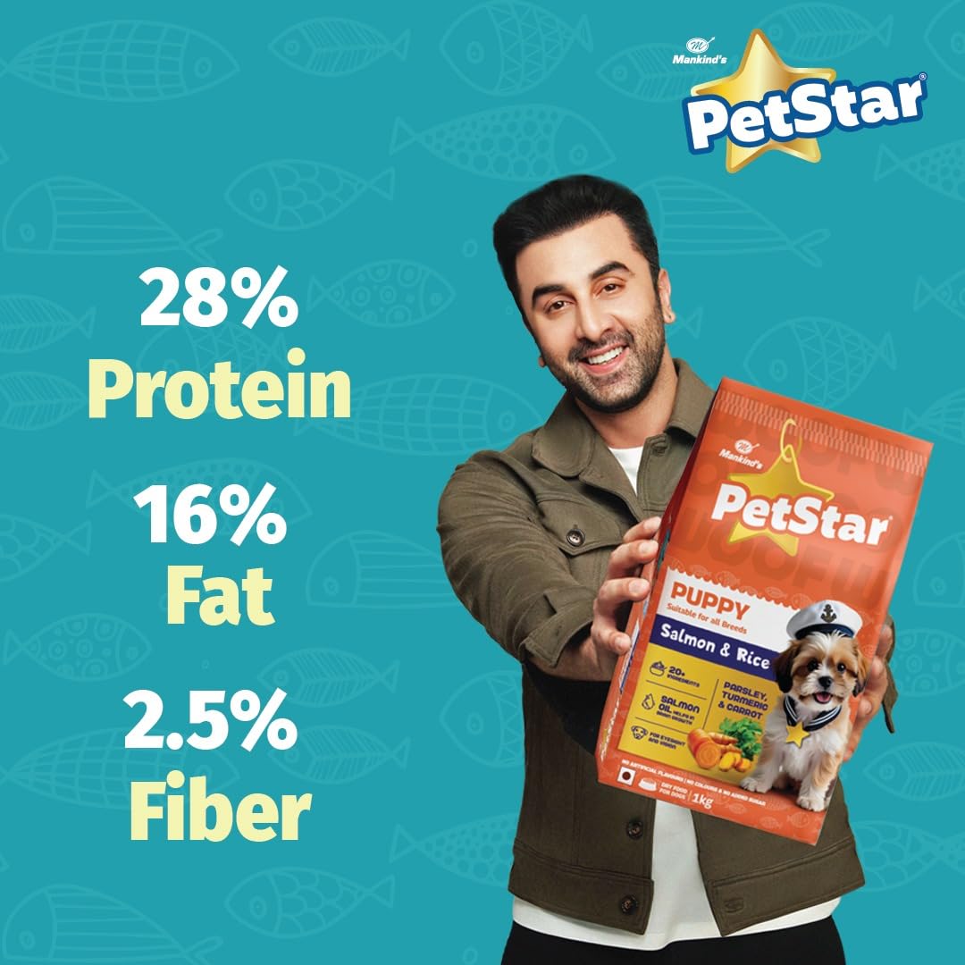 Mankind Petstar Puppy Dry Dog Food (High Protein) Salmon & Rice Flavor, 1kg Pack | Improves Muscle & Strength, Supports Immunity, Protects Liver & Kidney
