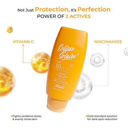 Eclipse Solaire Active Physical / Mineral Sunscreen SPF50 PA++++ | Clinically Tested | No White Cast | Broad Spectrum UVA/UVB & Blue Light Shield | Non-Greasy Sunscreen SPF 50 For All Skin Types – 60ml.