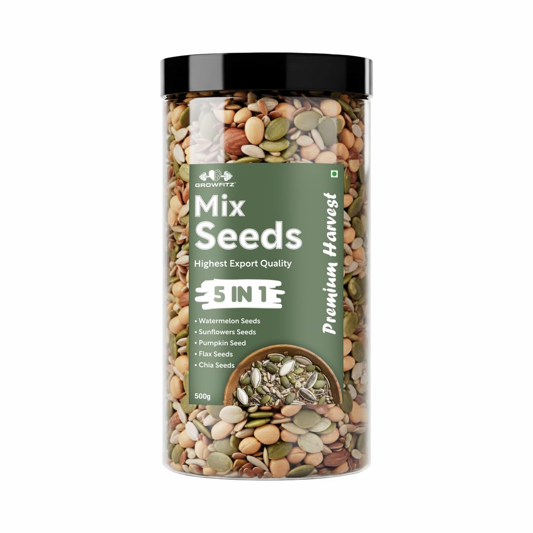 Growfitz 5-in-1 Super Seed Mix | 500g | 20.5g High Protein & Fiber | Roasted Pumpkin, Sunflower, Flax, Chia, Soy Nuts & Sesame | Healthy Snack | Export Quality Superfood