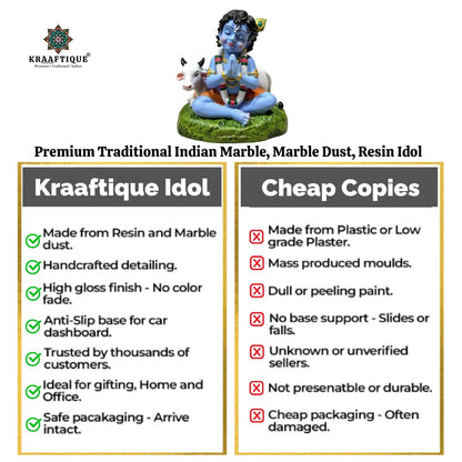 Handcrafted Laddu Gopal Krishna Idol with Cow – Polyresin Bal Krishna Murti for Home Temple, Pooja Room, Car Dashboard, Office Desk, Janmashtami, Housewarming & Spiritual Gift, 8 cm